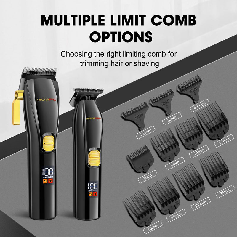 [Australia] - HIENA PRO Professional Hair Clippers and T-Blade Trimmer Kit for Men Cordless Complete Barber Kit Hair Cutting Kit Haircut Set with LED Display & USB Rechargeable (Black) 