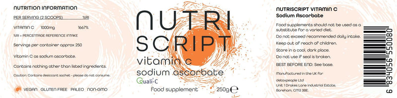 Vitamin C Powder – 250g Sodium Ascorbate – Nutriscript 100% Pure British Pharmaceutical Grade Buffered Vitamin C - Quali-C