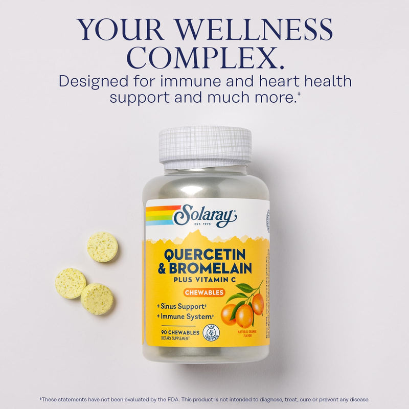 SOLARAY Quercetin Bromelain & Vitamin C, Orange, 90 Chewables | Immune, Heart & Antioxidant Support, 500 mg Quercetin, 50 mg Bromelain & 1,250 mg Vitamin C, 30 Servings, Lab Verified