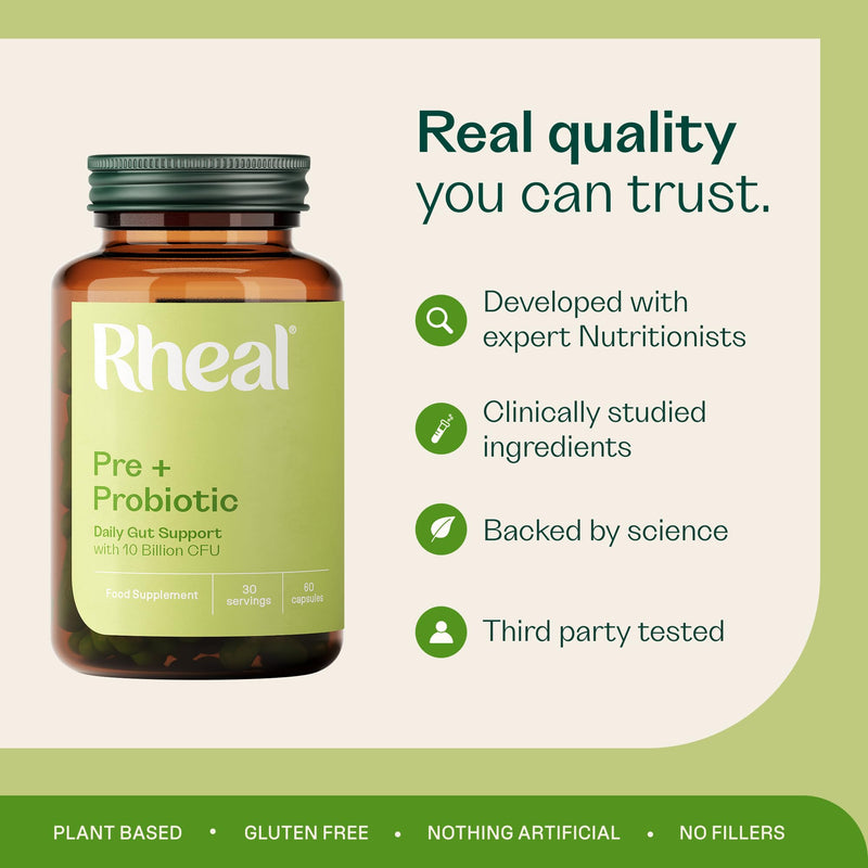 Rheal Pre + Probiotic Capsules – Gut Health Supplement with 10 Billion CFU, Lactospore® Probiotic & Prebiotic Fibre, Digestive Support for Bloating, Balance & Microbiome (30 Servings)