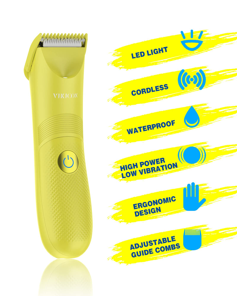 [Australia] - VIKICON Unisex Hair Trimmer - Cordless Electric Razor for Men and Women, Waterproof, Adjustable Length Guards, LED Light, Removable Blade Heads, 60-Minute Continuous Shaving Yellow 