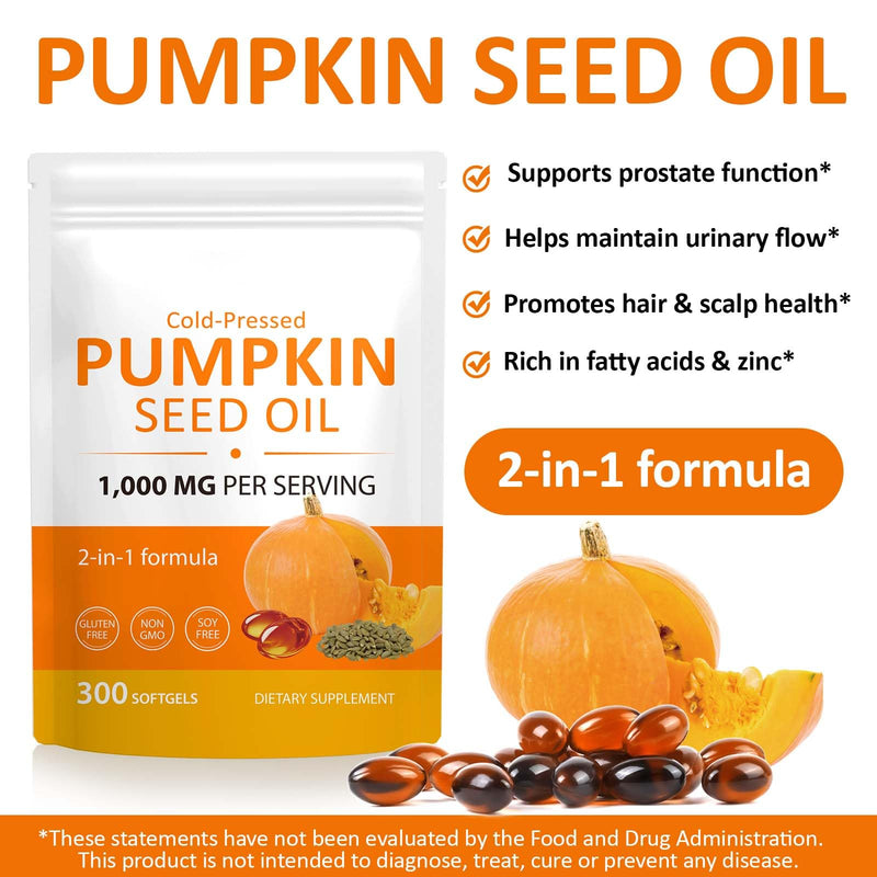 Pumpkin Seed Oil Capsules, 300 Softgels Cold Pressed Pumpkin Seed Oil Softgels Rich in Essential Omega-3/6 Fatty Acids & Zinc, Phytosterols for Hair Growth Supports Prostate Function