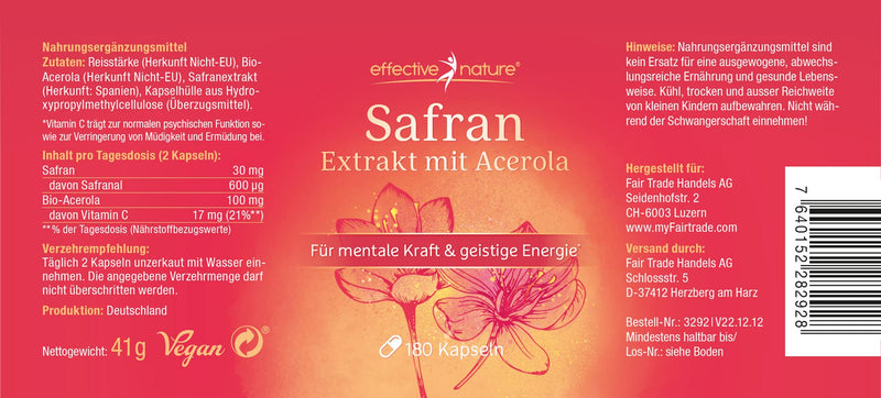 [Australia] - Saffron extract capsules - 180 pieces for 3 months - With 30 mg saffron from Spain - Safranal content of at least 2% (600 µg) - With vitamin C from organic acerola 