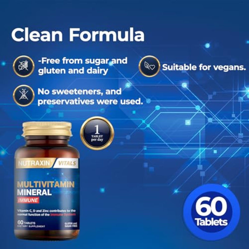 Nutraxin Multivitamin & Minerals Immune Support – 14 Vitamins, 9 Minerals with Elderberry, Black Cumin & Beta Glucan – Energy & Wellness Formula – 60 Vegan Tablets for Women & Men Immune Tablets