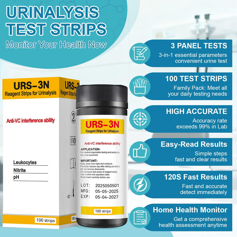 Urine Test Strips, 3-in-1 100 Strips UTI Test Strips, Urine Test Strips for Urinalysis Full Panel at Home, Urinalysis Test Strips for Leukocytes, Nitrite, pH for Women Men 1 Count (Pack of 100)