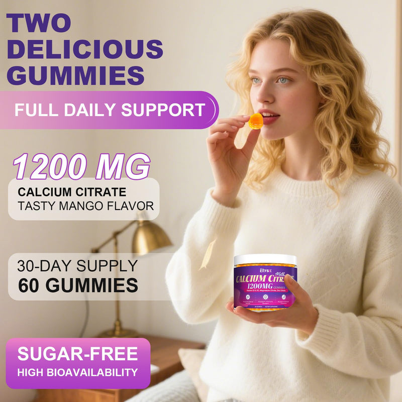 Calcium Citrate 1200mg with Vitamin D3 Gummies, 60 Count | Chewable Calcium Supplements for Women & Men, with Vitamin K2, Magnesium & Zinc Citrate, Mango Flavor