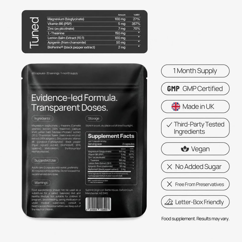 TUNED Night Capsules - Natural Sleep Supplement & Sleeping Aid for Adults with Magnesium Bisglycinate, L-Theanine & Apigenin - Non Melatonin Sleeping Tablets | UK Made GMP Certified