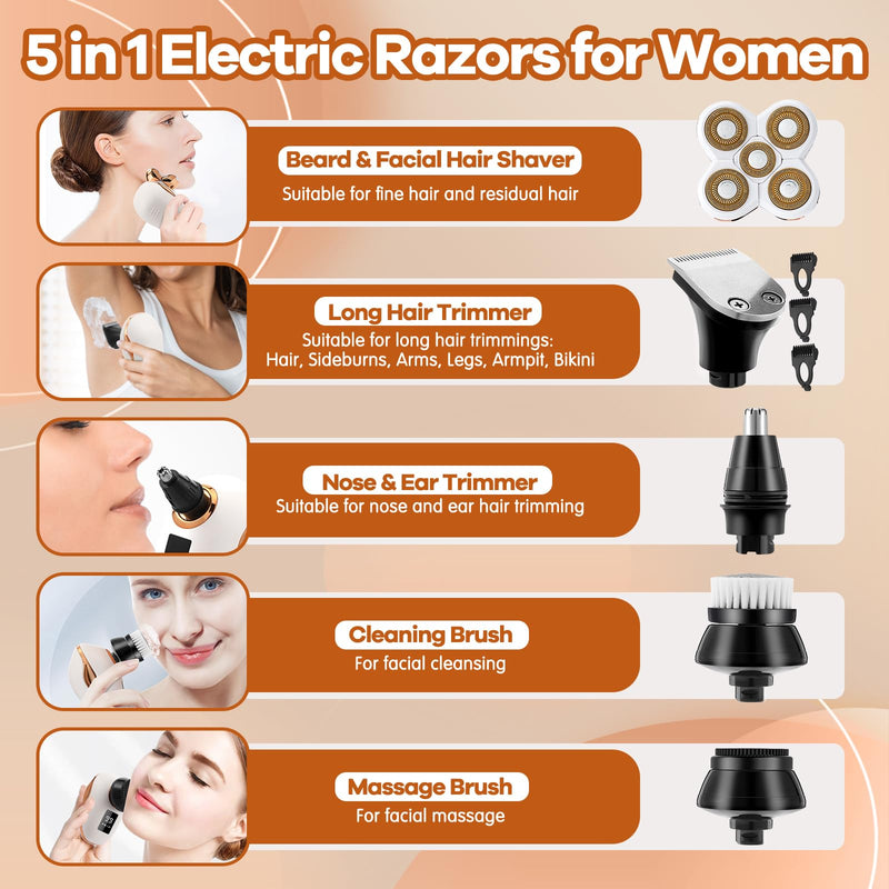 [Australia] - Electric Razors for Women, 5D Facial Hair Removal, 5-in-1 Wet/Dry Bikini Trimmer, Electric Shaver for Women, Rechargeable Face Shaver for Arms Legs Armpit Pubic Area, Painless Womens Grooming Kit 