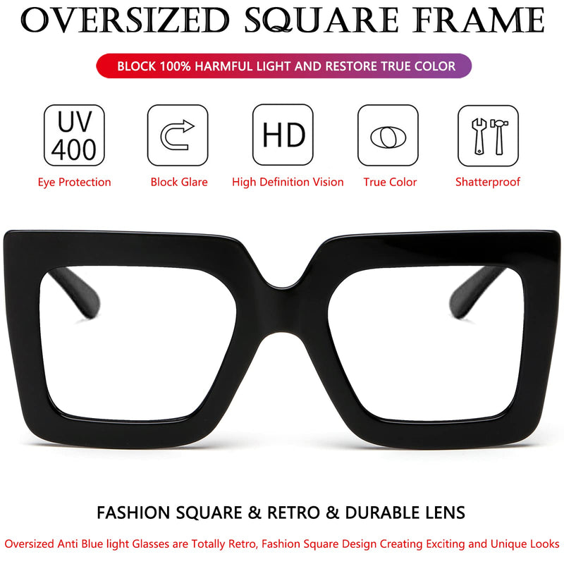 [Australia] - AIEYEZO Oversized Square Blue Light Glasses for Women Cute Big Frame Glasses Fashion Clear Multi-Color Computer Eyewear Black 54 Millimeters 