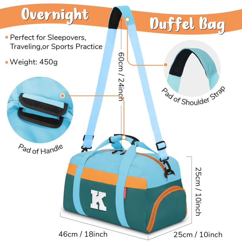 Initial Kids Duffle Bag for Boys or Girls, Kids Overnight Bag with Shoe Compartment, Personalized Weekender bags, Birthday Gifts for Women Boys Girls(Green Blue-Letter K) Green Blue