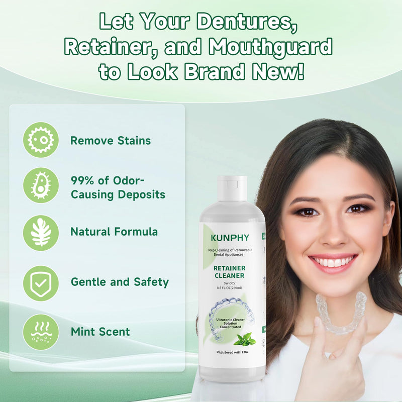 [Australia] - KUNPHY Ultrasonic Retainer Cleaner Solution Concentrate-Professional Cleaning of Retainers, Denture, Invisible Aligners, Mouth Guards, Night Guards, Remove Odors, Discoloration & Stains 8 oz(Mint) 8 Ounce 