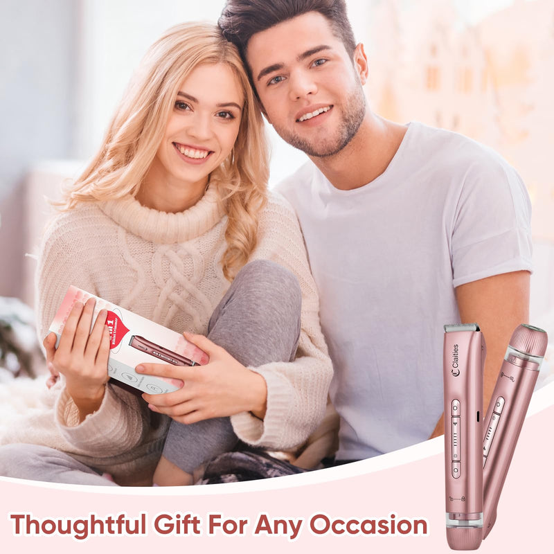 2 in 1 Women Electric Shaver Dual Head Bikini Trimmer for Women IPX7 Waterproof Wet & Dry Use Body Hair Trimmer and Facial Hair Remover for Bikini Underarm Leg Arm Body Face（Rose Gold）