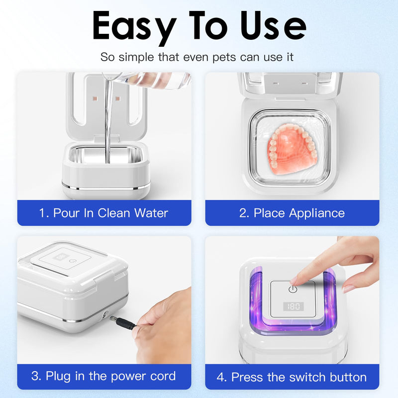 HAUSBELL Dental Pod: Ultrasonic Retainer Cleaner, Denture Cleaner Machine with 8 Cleaner Tablets, Aligner Cleaner, Nightguard Cleaner, Mouthguard Cleaner, Ultrasonic Cleaner with Noise-Reduction Lid Ultrasonic Cleaner - White