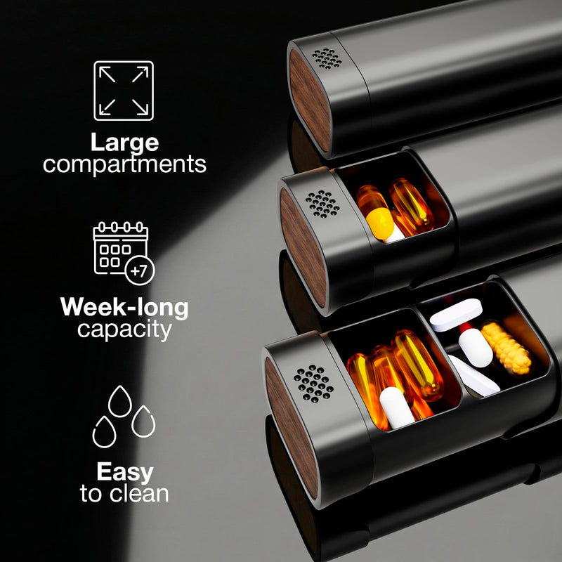 Premium 7-Day Aluminum Pill Organizer – 100% Metal, No Microplastics | Magnetic pill organizer with real wood base - a sleek metal pill case for vitamins, supplements, travel & daily use.