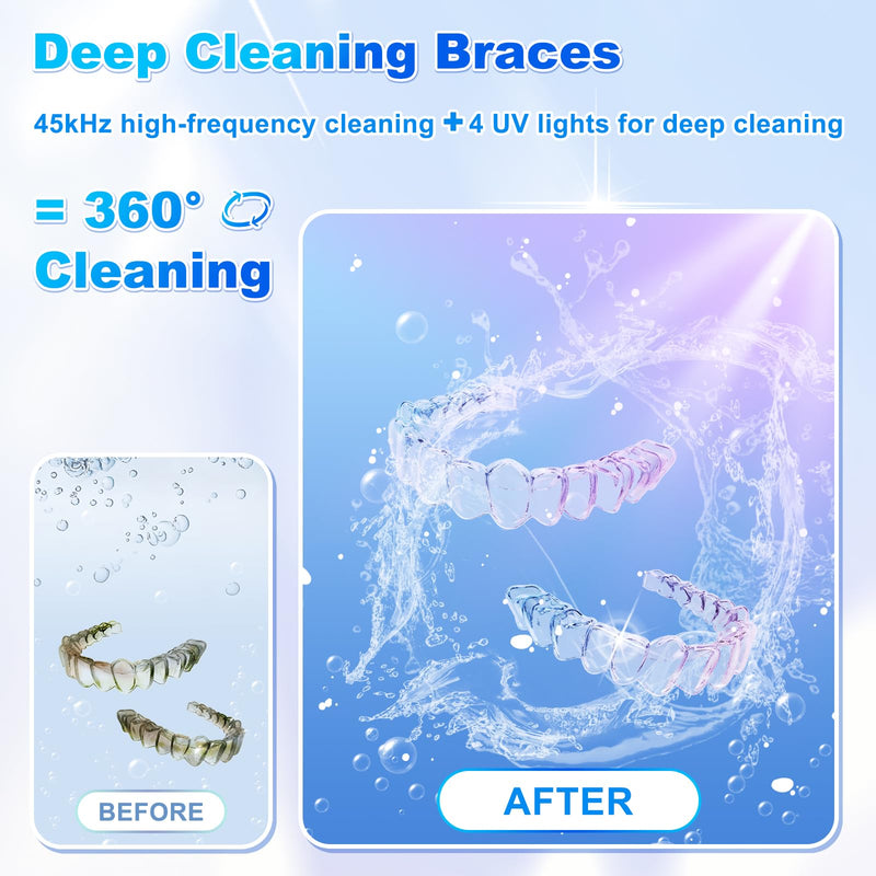 [Australia] - 2025 Ultrasonic Retainer Cleaner, 4 UV Lights, 45kHz Deep Clean, Retainer Cleaner Machine for Dentures, Anti Grinding Mouth Guard, Braces, Toothbrush Heads, Toothbrush 