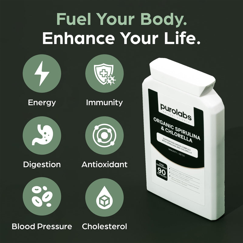 Purolabs Spirulina & Chlorella Capsules – High Strength Spirulina Tablets Alternative for Energy, Detox & Immunity – Clean Formula, Vegan, Non-GMO – 90 Capsules