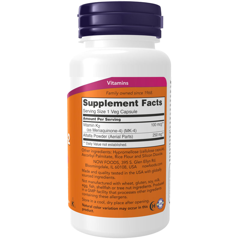 NOW Foods Supplements, Vitamin K-2 100 mcg, Menaquinone-4 (MK-4), Supports Bone Health*, 100 Veg Capsules Unflavored 100 Count (Pack of 1)