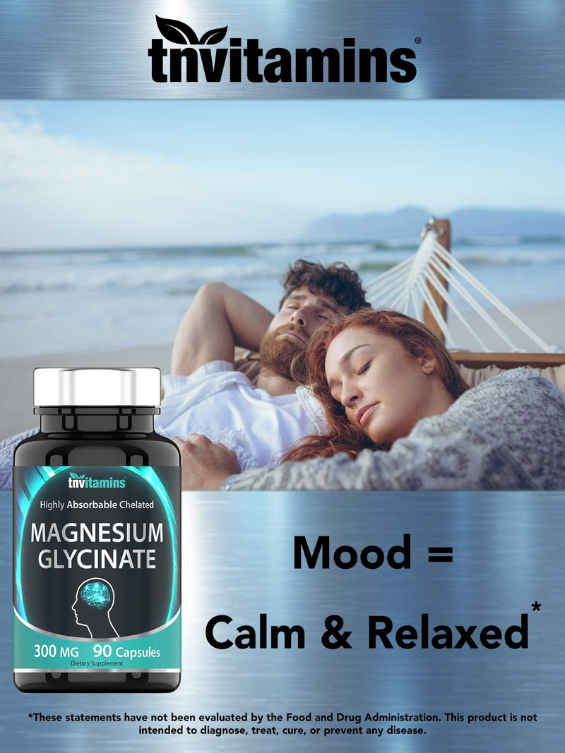 [Australia] - Magnesium Glycinate Capsules (300 MG x 90 Count) | Pure Chelated Magnesium Bisglycinate Powder Supplement | Glicinato de Magnesio | Calm, Sleep, Muscle, Nerve, & Stress Support* | by TNVitamins 