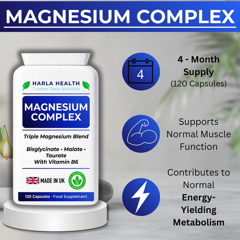 Magnesium Complex – Bisglycinate, Malate & Taurate with Vitamin B6 – 120 Vegan Capsules – High Absorption Magnesium Supplement for Energy, Muscle Function & Sleep Support