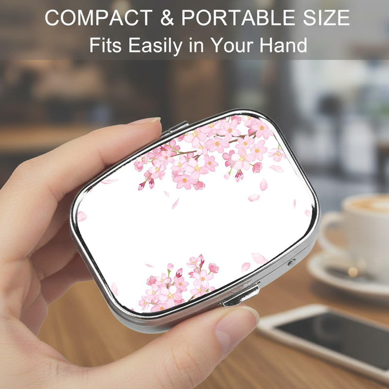 Square Pill Case Small Pill Box with Mirror Pocket 2 Compartment Vitamin Pill Medicine Case Organizer Pill Containers for Traveling Cherry Blossom