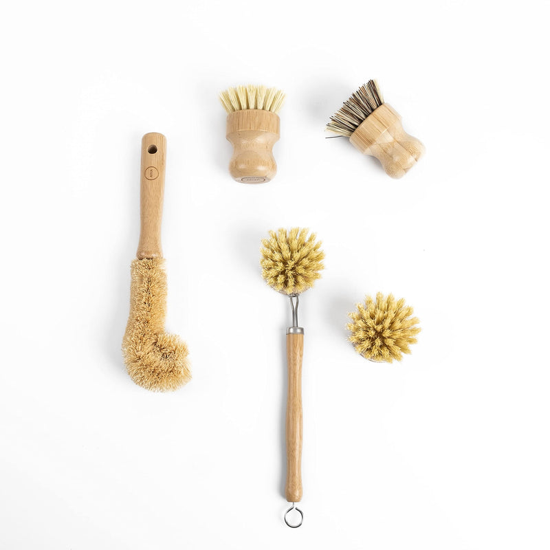 [Australia] - ARYA. Wooden Dish Brush Set | 4 Kitchen Washing Up Brushes & One Replacement Head | Bamboo & Natural Fibers | Eco Friendly Wooden Pot Brush Scourer Scrubber Sponge Alternative 