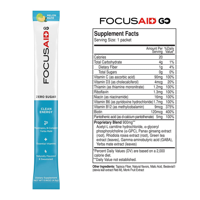[Australia] - FOCUSAID GO Nootropics Energy Blend, Zero Sugar, Alpha-GPC, GABA, B-Complex, Yerba Mate, Green Tea, Keto Friendly, 100mg Natural Caffeine (Pack of 14) Focusaid Go! 14 Servings (Pack of 1) 