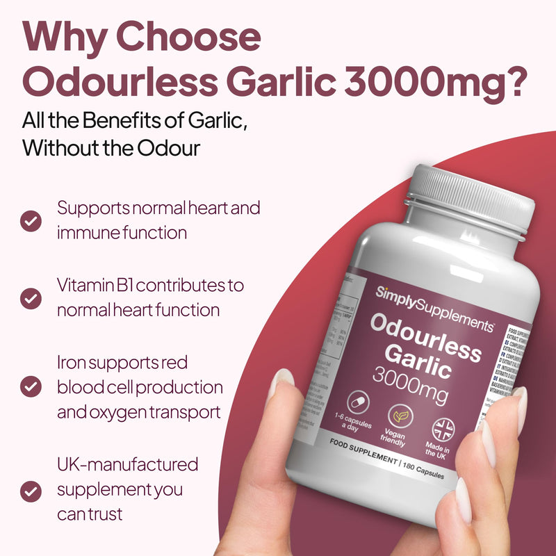 High Strength Odourless Garlic Capsules with Added Vitamin C, Thiamine and Iron | 360 Vegan & Vegetarian Capsules | Heart Health & Circulation Support | Fast Release & Absorption | UK Made Unflavoured 180 count (Pack of 2)