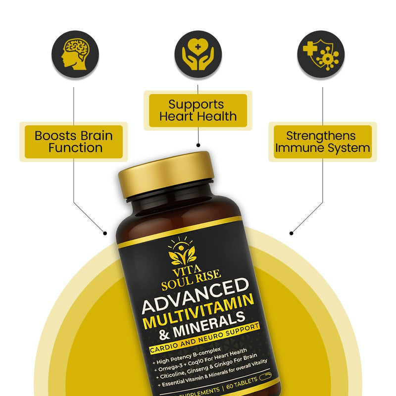 Multivitamin Tablets for Women & Men - Cardio & Brain Support with CoQ10, Omega-3, B-Complex, Ginseng & Ginkgo - Advanced Multivitamin & Minerals - 60 Tablets