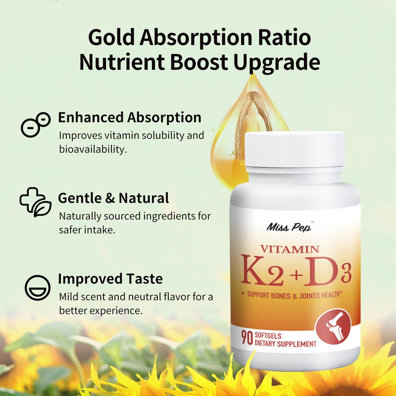 Vitamin D3 K2,5000 Iu D3 and 100 Mcg K2 (Mk-7),with Sunflower Oil Softgels,Easy to Absorb and Swallow D & K Complex,Supports Immune Support (3 Bottle，270 Softgels) 90 Count (Pack of 3)