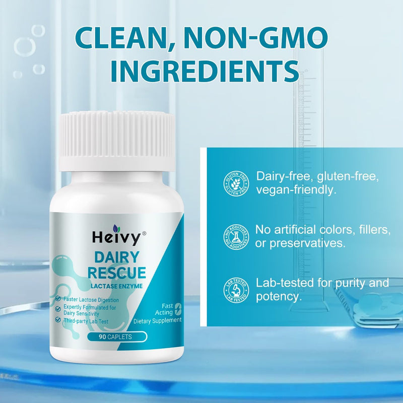 [Australia] - Heivy Lactase Enzyme 3000 FCC Dairy Relief Fast Acting Supplement, Lactose Intolerance Pills 90 Caplets, Vegan, Non-GMO, Gluten & Dairy Free, Made in USA(2 Pack) 90 Count (Pack of 2) 