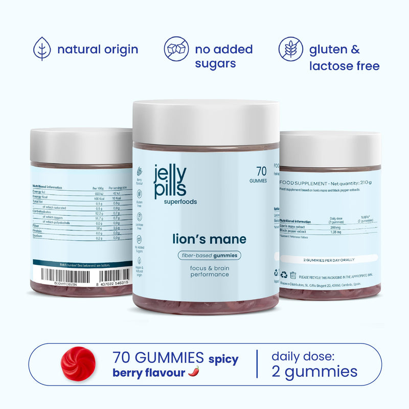 Jelly Pills Lion's Mane Gummies with Black Pepper - 70 Vegan Gummies - No Added Sugar - Berry Flavour - Focus, Concentration & Mental Clarity