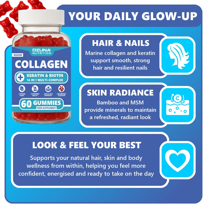 Marine Collagen Gummies with Keratin, Biotin & Bamboo | 14-in-1 Multi-Complex | Cranberry Flavour | 60 Gummies | Supports Hair, Skin, Nails & Joints