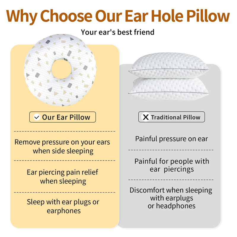 [Australia] - Ear Piercing Pillow for Side Sleepers, Donut-Shaped Ear Relief Pillow, Post-Piercing Recovery and Ear Pain, White with Gold and Grey Pattern 