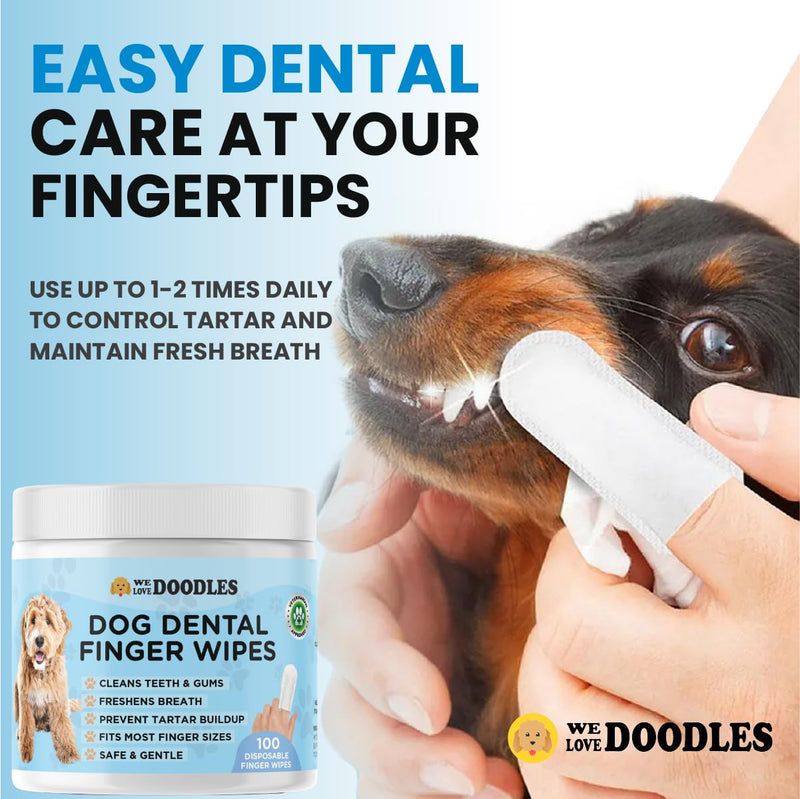 We Love Doodles Dog Teeth Cleaning Wipes - Pet Dental Finger Wipes for Dogs - Cleans Teeth and Gums, Freshens Breath Dog Dental Wipes, Prevents Tartar Buildup, Fits Most Finger Sizes - 100 PCS 100 Wipes - PawsPlanet Australia