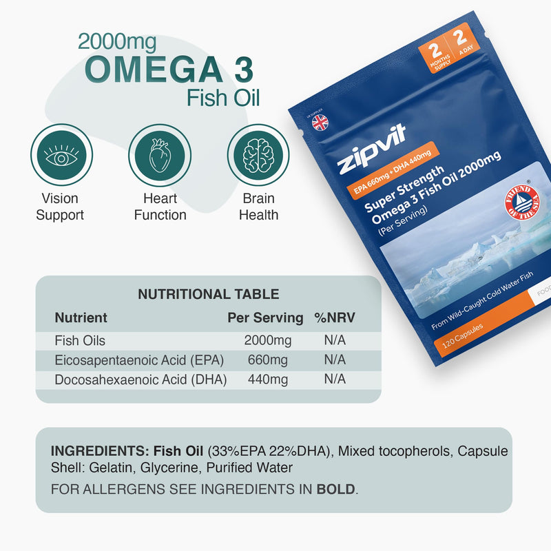 Zipvit Omega 3 Fish Oil 2000mg, EPA 660mg DHA 440mg, Wild-Caught, Cold Water Fish, Supports Heart, Brain & Vision, 120 Softgels, 2 Months Supply, Eco-Friendly Pouch Eco-Friendly Pouch 120 Softgel Capsules
