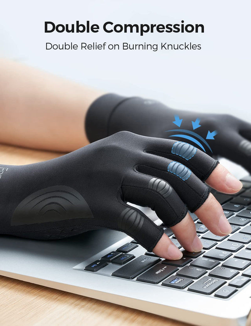 FREETOO Copper Arthritis Gloves for Carpal Tunnel Pain Relief, Strengthen Gloves to Alleviate Hand Pains,Swelling, Fingerless Computer Typing Gloves for Rheumatoid, Tendonitis Women/Men-L Black Large