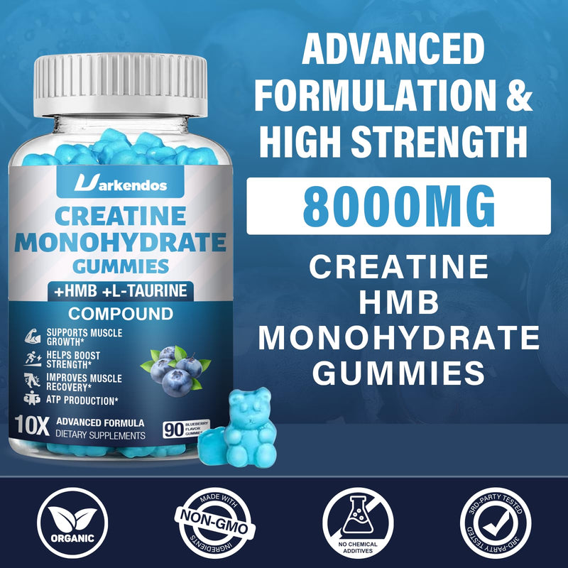 1 Pack Creatine HMB Monohydrate Gummies, Contains Vitamin B6, B12 and L-Taurine,Creatine Gummies for Men & Women, Promote Muscle Growth, Blueberry Flavor Supplement 90 Count (Pack of 1)