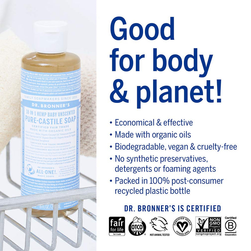 [Australia] - Dr. Bronner's - Pure-Castile Liquid Soap (Baby Unscented, 8 Ounce) - Made with Organic Oils, 18-in-1 Uses: Face, Hair, Laundry, Dishes, For Sensitive Skin, Babies, No Added Fragrance, Vegan, Non-GMO 8 oz 