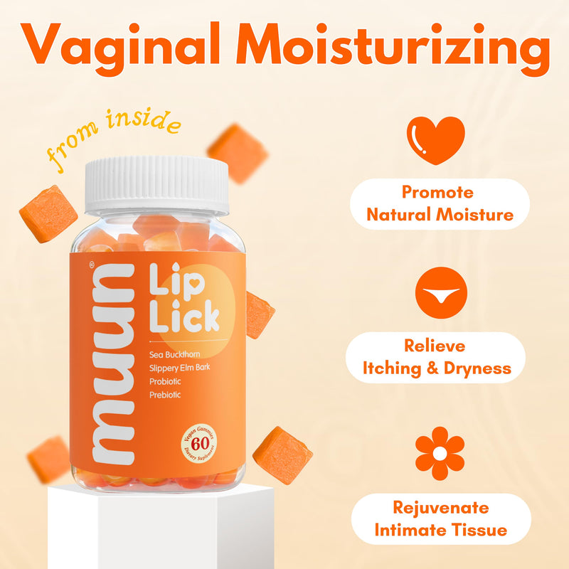 [Australia] - Muun Intimate Moisture Gummy with Slippery Elm Bark, Omega 6, 7, 9 & 3 Billion CFUs Probiotic, Prebiotic- Estrogen Free, Hormone Free for Feminine Care Vaginal Moisture 