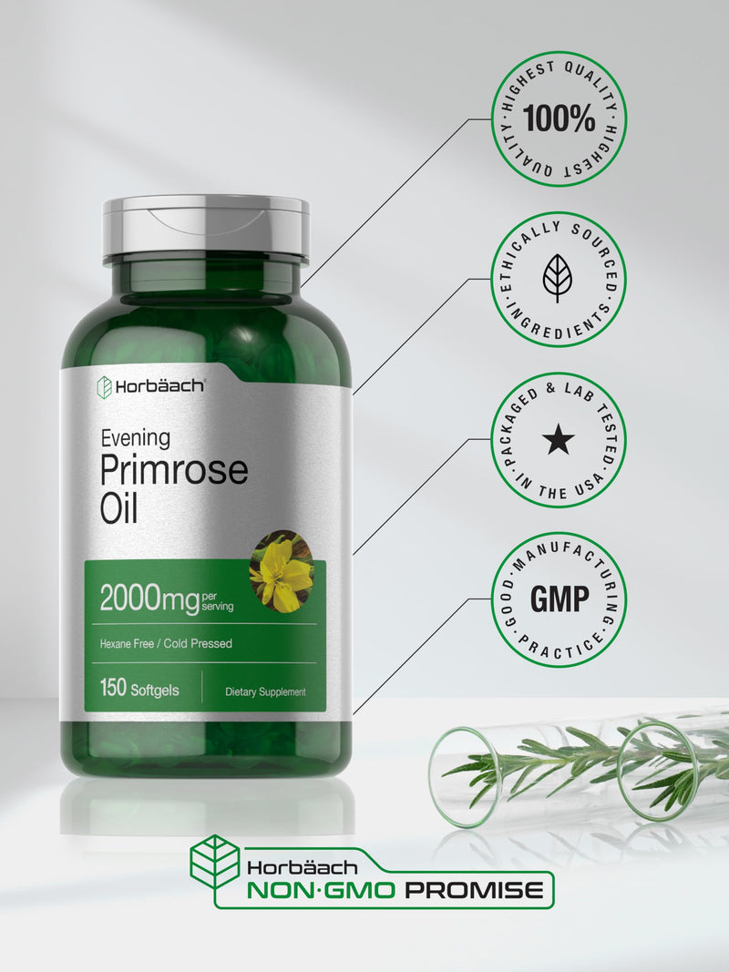 Horbäach Evening Primrose Oil Capsules 2000mg | 150 Softgels | Hexane and Solvent Free Pills | Cold Pressed Supplement with GLA | Non-GMO, Gluten Free