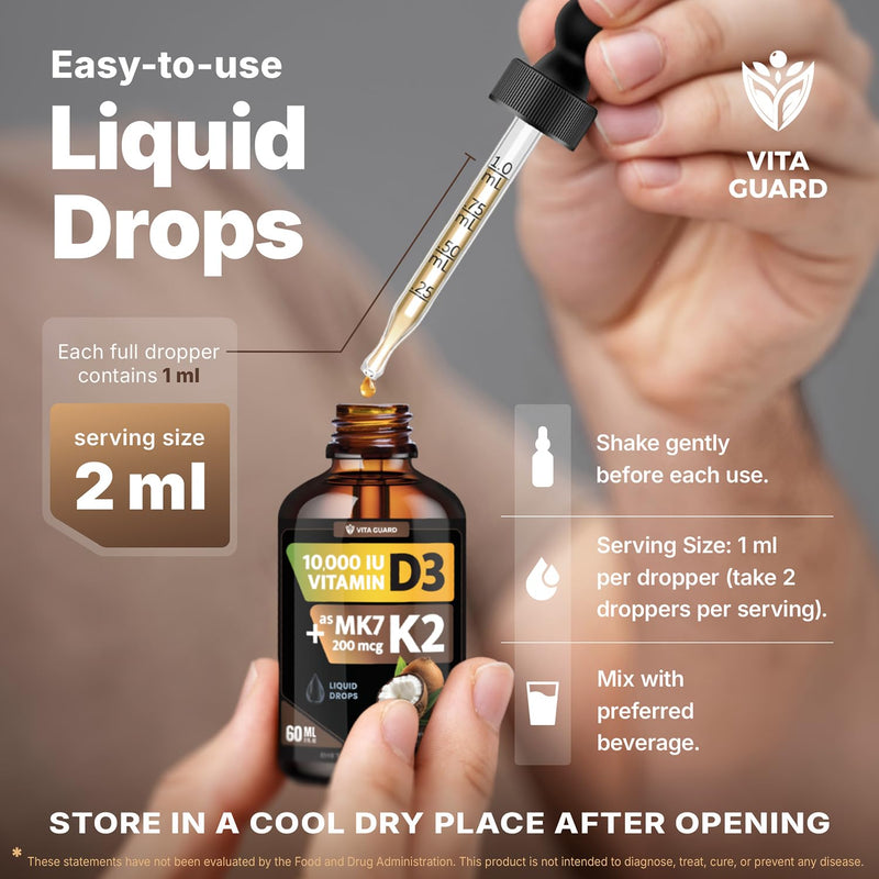 Vita Guard (2 Pack) Vitamin D3 K2 Liquid Drops 10,000 IU + 200 mcg MK-7 – High Absorption, Sugar-Free, Non-GMO, Bone & Immune Booster, Vegan Supplement with Coconut Oil – 60 ml (2 oz)