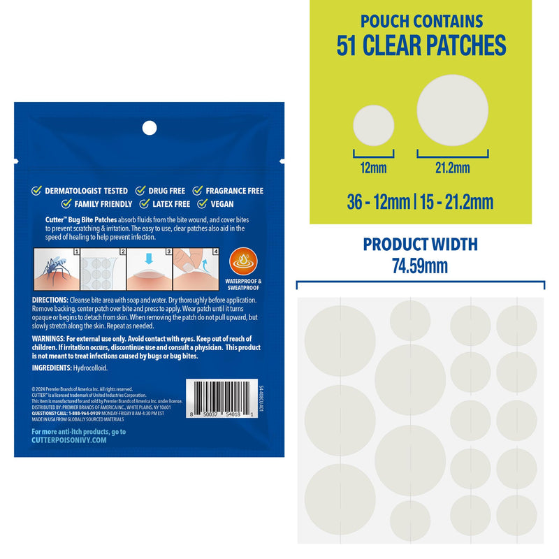 [Australia] - Cutter Bug Bite Patches Itch Relief Hydrocolloid Patches for Kids & Adults, Absorbs Fluids, Helps Heal, Prevents Scratching, Mosquito Itch Relief, Hydrocortisone & Suction Tool Alternative, 51 Count 