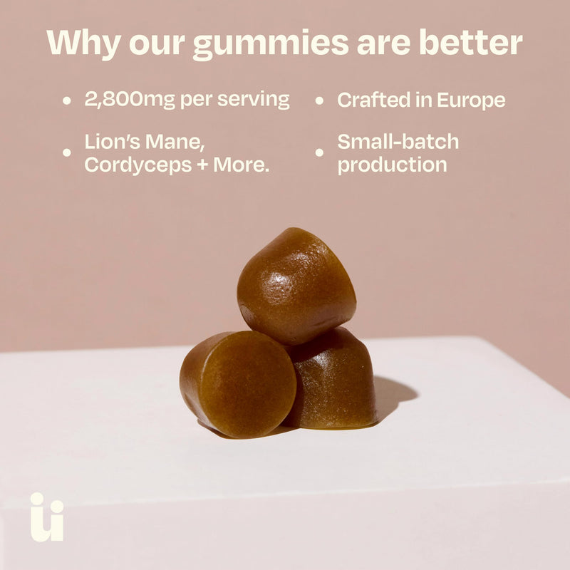 Mushroom Gummies with Lion's Mane, Chaga, Cordyceps & Reishi, 2,800mg 4-in-1 Blend with B12 & B6, 60 Raspberry Flavour Gummies, Supporting Brain Function, Sleep, Immunity & Natural Energy