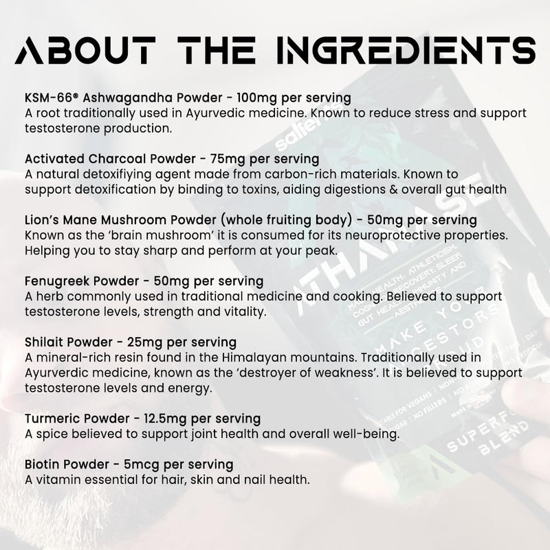 ATHANASE® | Men's Super Greens Powder | Superfood Powder Blend | Includes Maca Root, Guarana, Ashwagandha, Lions Mane (Whole Fruiting Body), Shilajit, Fenugreek & More | 250g UK 250 g (Pack of 1)
