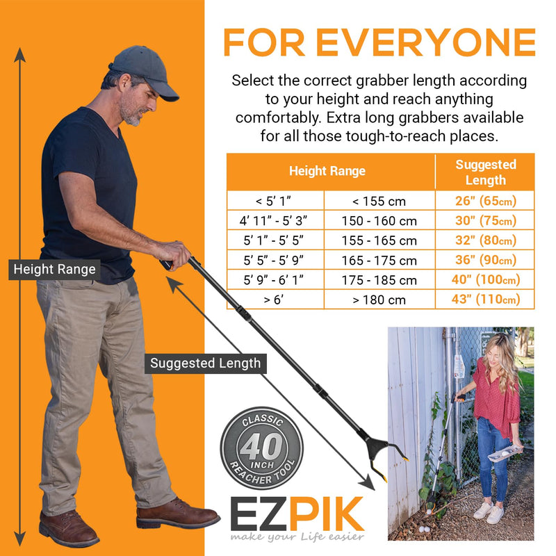 EZPIK Classic 40" Flexible Folding Grabber Tool for Elderly + Magnets, Reacher for Disabled & Seniors Heavy Duty Rotating Grippers for Reaching Underneath, Trash Grabbers & Pickers for Mobility 40" Classic (Pack of 1) - Black