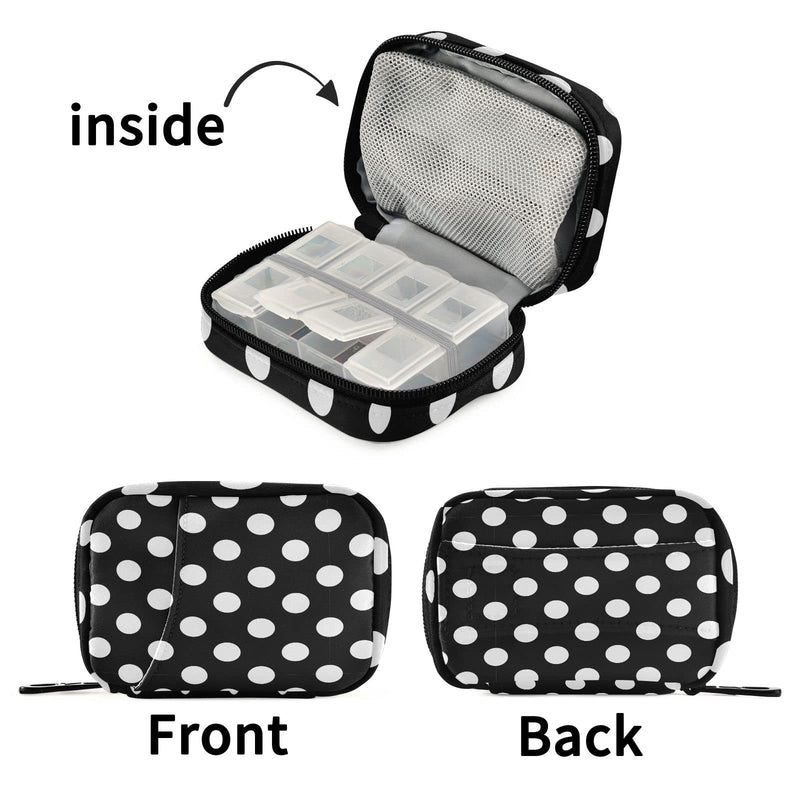 Polka Dot Black Pill Organizer Case Modern 7 Day Travel Pill Box with Zipper Portable Weekly Vitamin Medicine Supplement Holder Pouch Bag