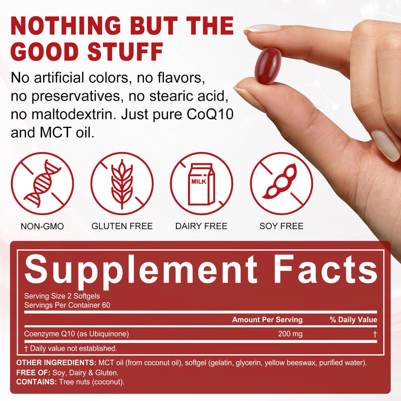 CoQ10 200mg Softgels with MCT Oil – High Absorption Ubiquinone Coenzyme Q10 Supplement – Antioxidant & Cellular Energy Support – Gluten Free Non GMO – 120 Softgels