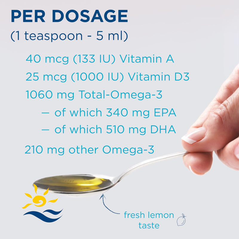 Nordic Naturals, Arctic-D Cod Liver Oil, 1060mg Omega-3 from Cod Liver Oil, with EPA and DHA, Lemon Flavour, 237ml, Lab-Tested, Soy Free, Gluten Free, Non-GMO