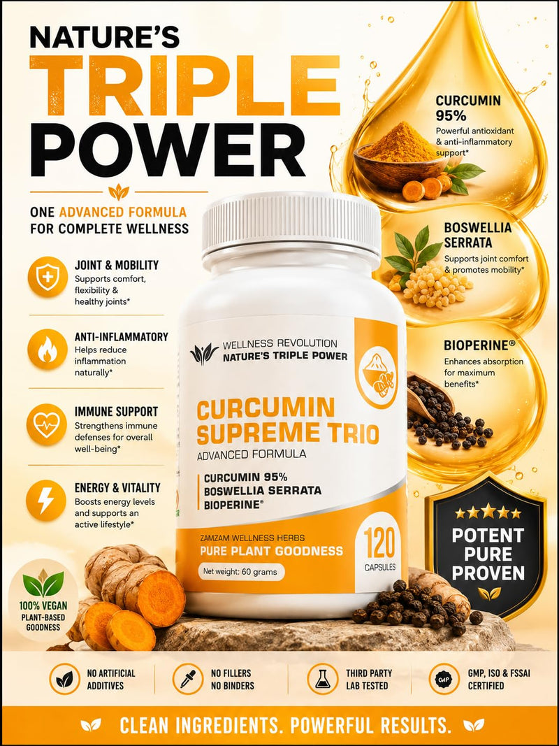 Curcumin Supreme Trio with 95% Curcumin, Boswellia Serrata & BioPerine® | Natural Joint, Mobility & Immune Support | Anti-Inflammatory Turmeric Supplement | 120 Vegan Capsules