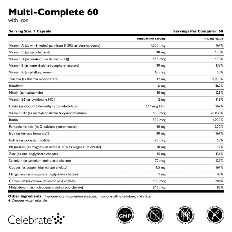 Celebrate Vitamins Multi-Complete, 60mg Iron – Daily Bariatric Multivitamin for Sleeve Gastrectomy and Gastric Bypass Surgery Patients – Essential Vitamins & Minerals (60 Capsules) 60 Count (Pack of 1)